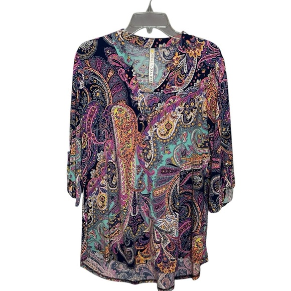 Dressing Gaudy popover shirt stretch polyester pink blue spandex size medium - Picture 1 of 9